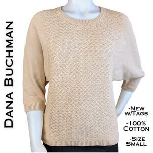 Dana Buchman Sweater Small Tan Cotton Chain Knit Dolman Sleeve Lightweight NEW
